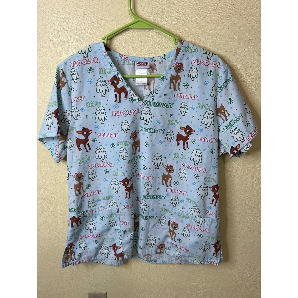 Rudolph Red-Nosed Reindeer‎ Christmas Scrub Top Blue V-Neck Medium RU40A620